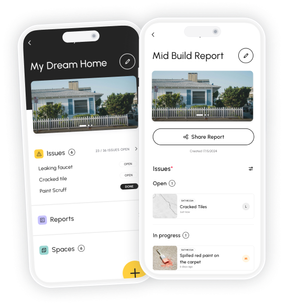 Checka app showing issue tracking and build report screens