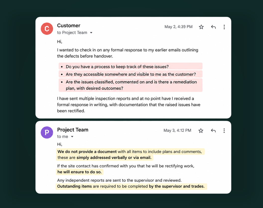 Email exchange with the project team — builder confirms no formal tracking system